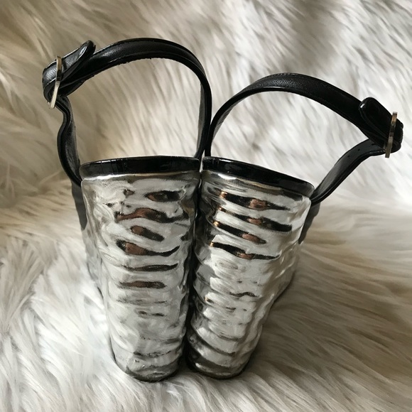 Chanel Leather & Metallic Platform Wedges Sandals - Picture 4 of 8